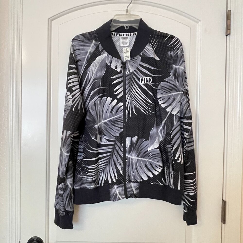 New Victoria's Secret PINK Jacket Palm Leaf Perforated Full Zip Gray Black Large